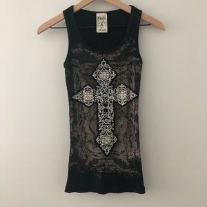 Vocal Ribbed Tank Top Rhinestone Cross